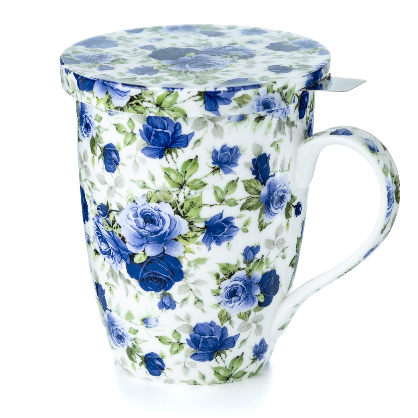 'Dark Blue Roses' Tea Mug w/ Infuser & Lid