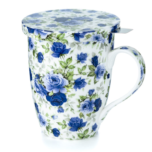 'Dark Blue Roses' Tea Mug w/ Infuser & Lid