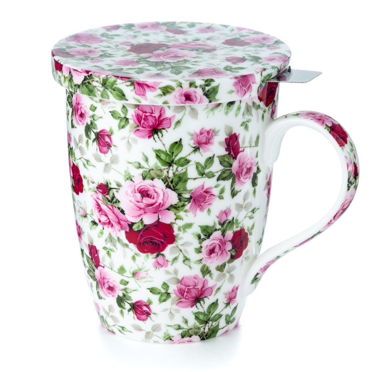 'Red & Pink Roses' Tea Mug w/ Infuser & Lid